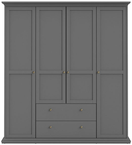 Paris Wardrobe with 4 Door and 2 Drawer in Matt Grey