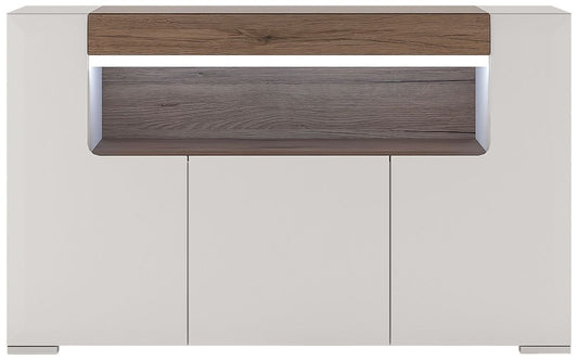 Toronto 3 Door Sideboard with Open Shelving in Gloss White and Sanremo Oak