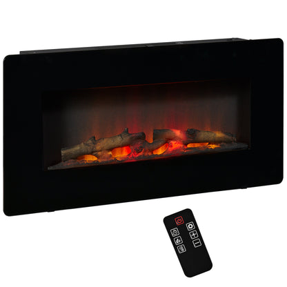 HOMCOM lectric Wall-Mounted Fireplace Heater with Adjustable Flame Effect, Remote Control, Timer, 1800/2000W, Black