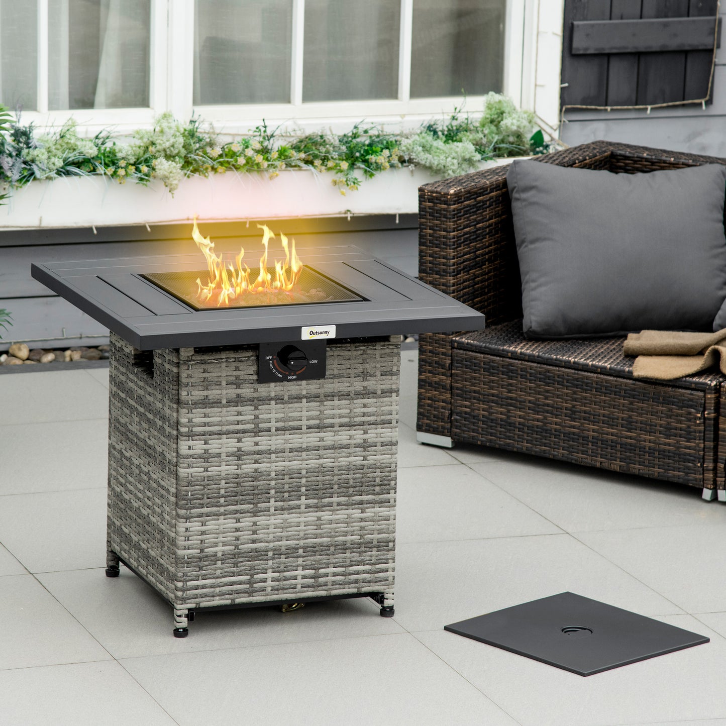 Outsunny Outdoor PE Rattan Gas Fire Pit Table, Patio Square Propane Heater with Rain Cover, Mesh Lid and Lava Stone, 40,000 BTU, Mixed Grey