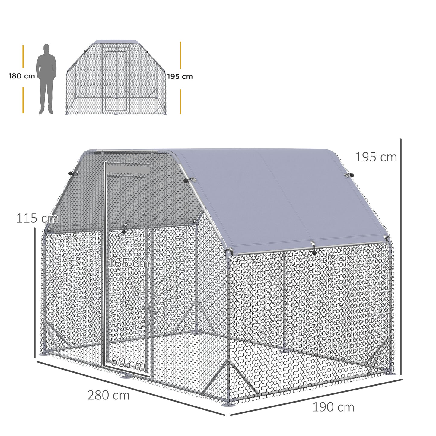 PawHut Walk in Chicken Run Chicken Coop Hen House Outdoor with Roof for 4-6 Chickens, 280 x 190 x 195cm