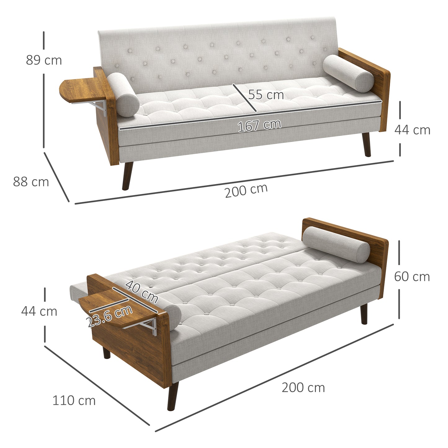 HOMCOM -Seater Sofa Bed Click-Clack Button-Tufted Settee Recliner Couch with Wood Legs for Living Room, Beige