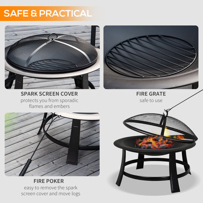 Outsunny Metal Large Firepit Bowl Outdoor Round Fire Pit w/ Lid, Log Grate, Poker for Backyard, Camping, BBQ, Bonfire, Wood Burning Stove, 76 x 76 x 53cm, Black