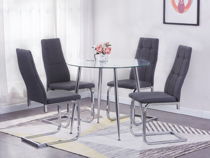 Nova 90cm Round Glass Dining Table with 4 Chairs - Grey and Chrome