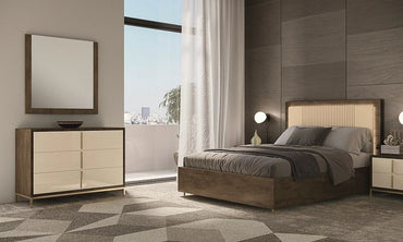 Meridian Brown Italian Bed with Beige Faux Leather Headboard