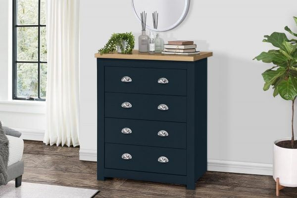 Highgate Blue and Oak Effect Chest - 4 Drawers