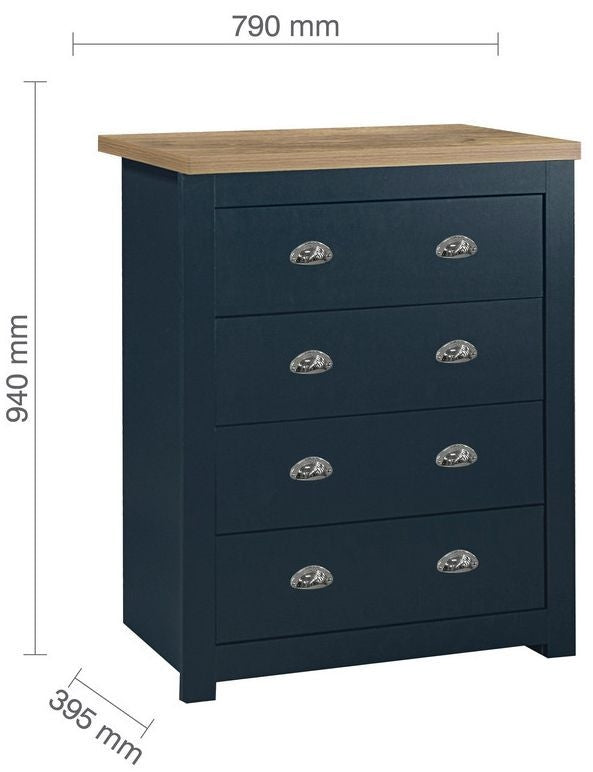 Highgate Blue and Oak Effect Chest - 4 Drawers