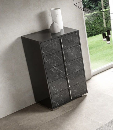 Carvelle Night Glossy Grey Marble Effect 5 Drawer Italian Tallboy Chest