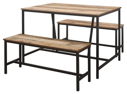 Urban Rustic Wood Effect Industrial Style Kitchen Dining Set with 2 Benches