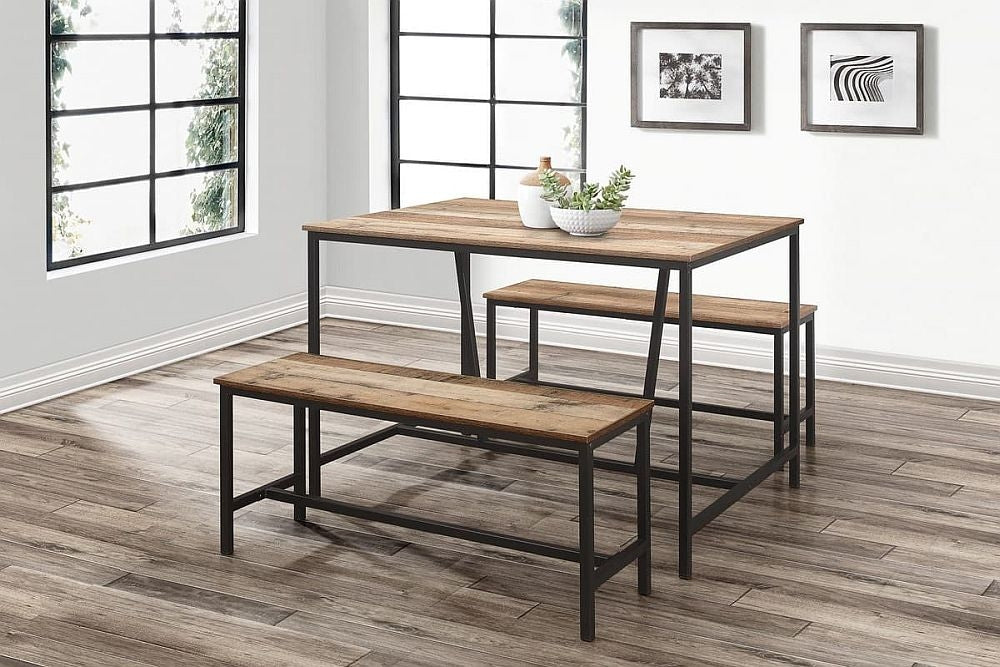 Urban Rustic Wood Effect Industrial Style Kitchen Dining Set with 2 Benches