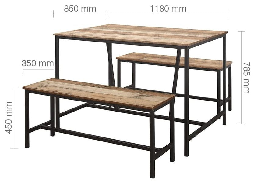 Urban Rustic Wood Effect Industrial Style Kitchen Dining Set with 2 Benches