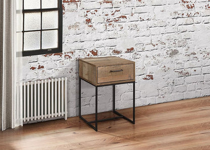 Urban Rustic Wood Effect Industrial Style Narrow Bedside Cabinet - 1 Drawer