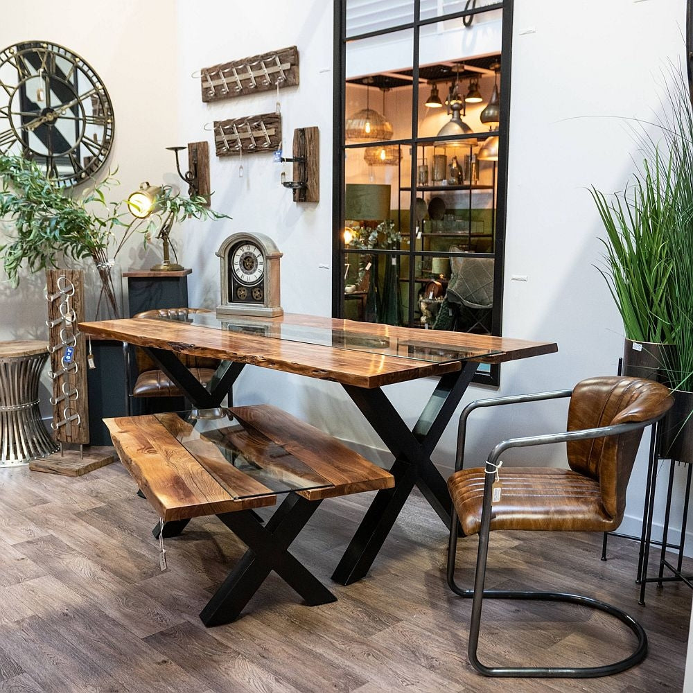 Live Edge Glass Inlay 6 Seater Dining Table - Acacia Wood and Metal