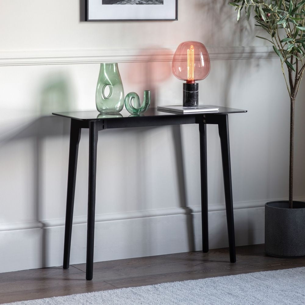 Blair Glass and Black Oak 90cm Console Table