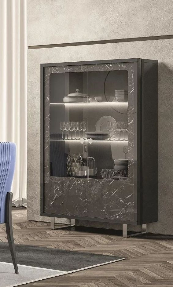 Carvelle Glossy Grey Marble Effect 2 Door Italian Display Cabinet with LED Light