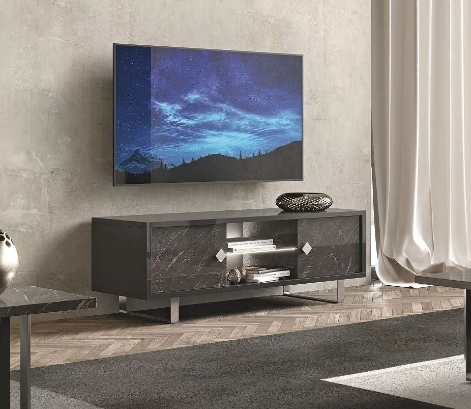 Carvelle Glossy Grey Marble Effect 2 Door Italian TV Unit