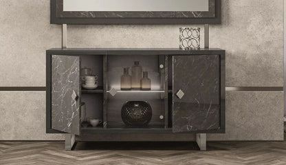 Carvelle Glossy Grey Marble Effect 3 Door Italian Sideboard with LED Light