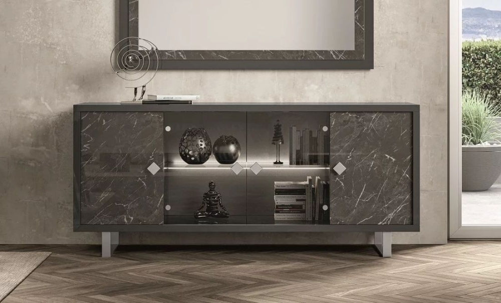 Carvelle Glossy Grey Marble Effect 4 Door Italian Sideboard with LED Light