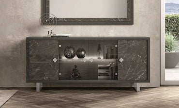 Carvelle Glossy Grey Marble Effect 4 Door Italian Sideboard with LED Light