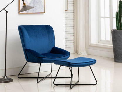 Teagan Blue Velvet Fabric Chair and Footstool