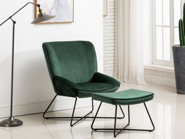 Teagan Green Velvet Fabric Chair and Footstool