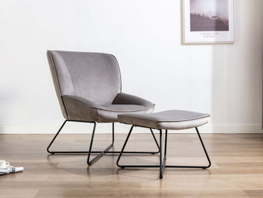 Teagan Grey Velvet Fabric Chair and Footstool