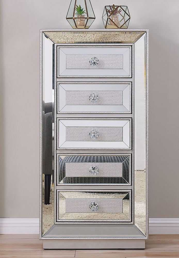 Sofia Mirrored 5 Drawer Tall Boy Chest