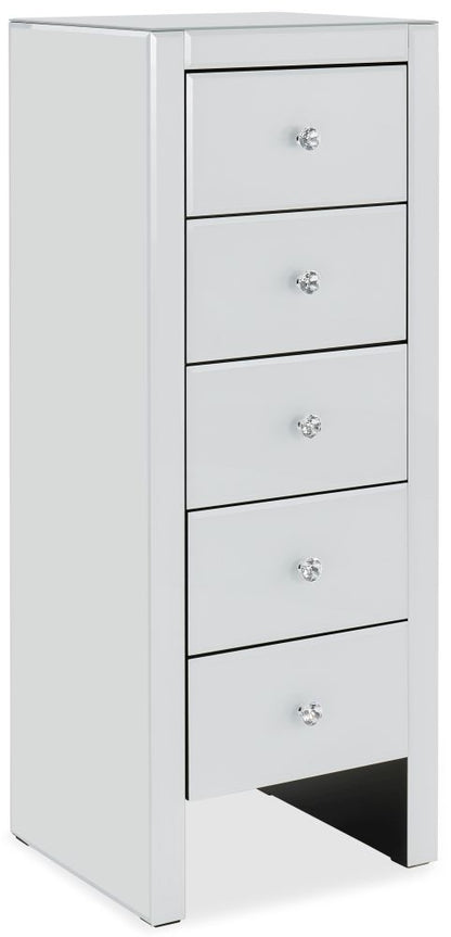 Hollywood White Glass 5 Drawer Tallboy Chest