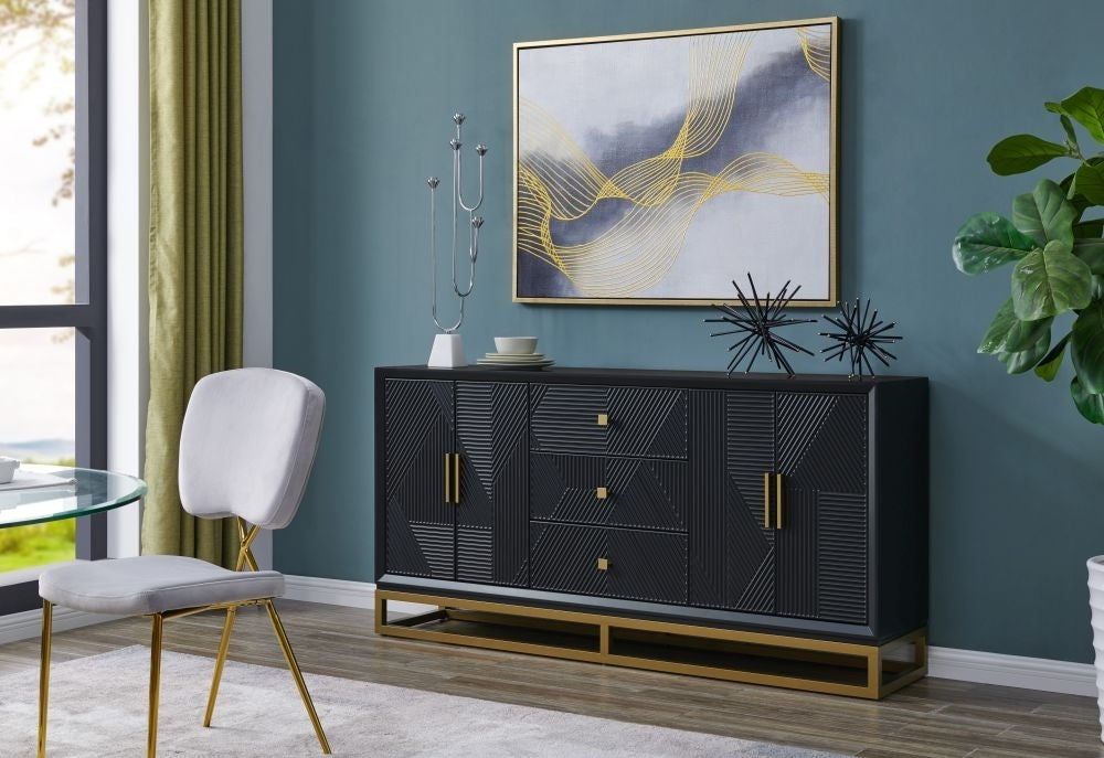 Orlando Black Geometric Design 4 Door 3 Drawer Sideboard