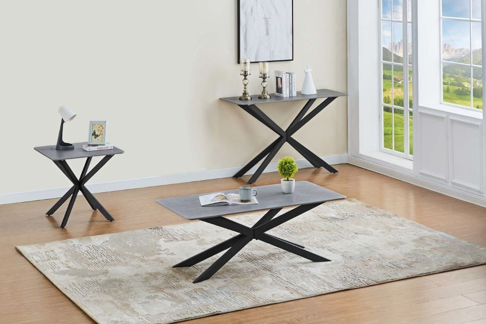 Azzurra Sintered Stone Grey Square End Table with Black Metal Spider Legs