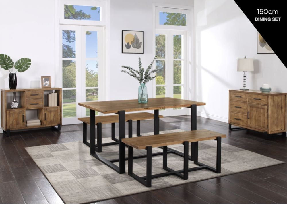 Pembroke Rustic Pine Dining Table, 150cm Seats 6 Diners Rectangular Top with black metal legs