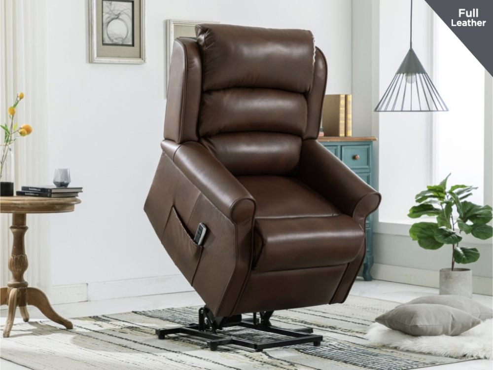 Windsor Brown Leather Lift and Tilt Recliner Armchair - Dual Motor