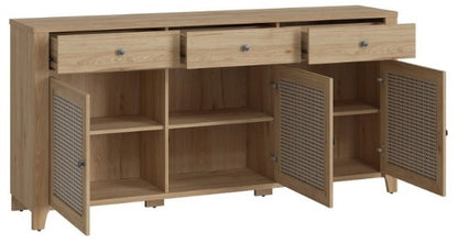 Cestino 3 Door 3 Drawer Sideboard in Jackson Hickory Oak and Rattan Effect