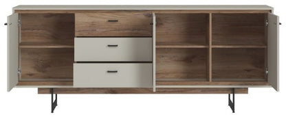 Rivero 3 Door 3 Drawer Wide Sideboard in Grey and Oak