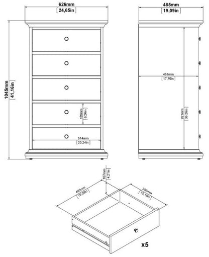 Paris 5 Drawer Chest in White