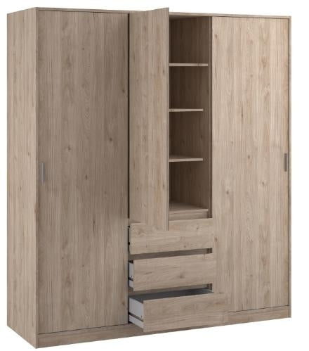 Naia Wardrobe with 2 Sliding Door 1 Door 3 Drawer in Hickory Oak