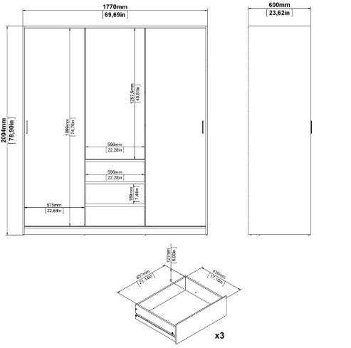 Naia Wardrobe with 2 Sliding Door 1 Door 3 Drawer in Hickory Oak