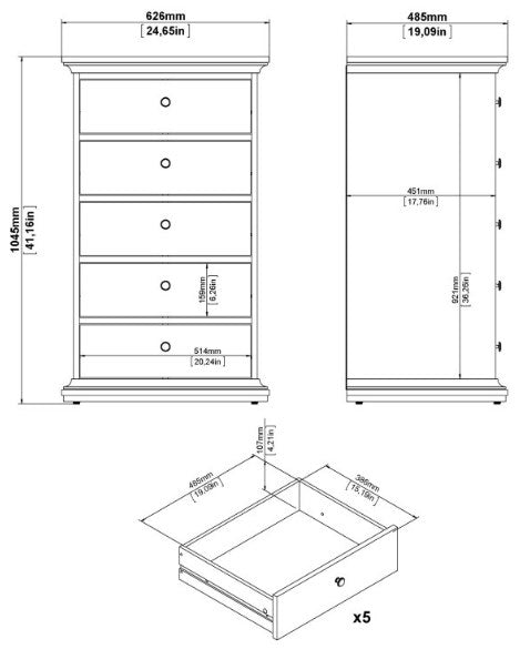 Paris Chest 5 Drawer in Matt Grey