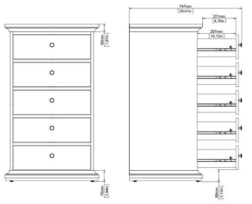 Paris Chest 5 Drawer in Matt Grey