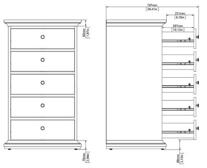 Paris Chest 5 Drawer in Matt Grey