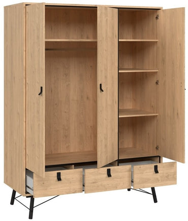 Ry Wardrobe 3 Door 3 Drawer in Jackson Hickory Oak