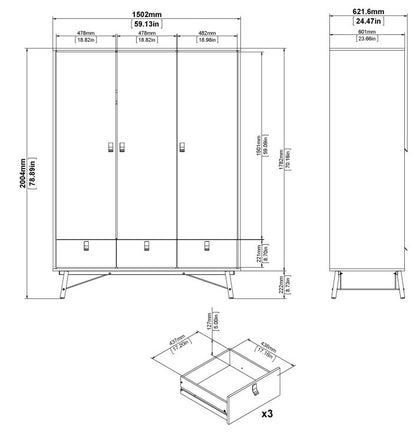 Ry Wardrobe 3 Door 3 Drawer in Jackson Hickory Oak