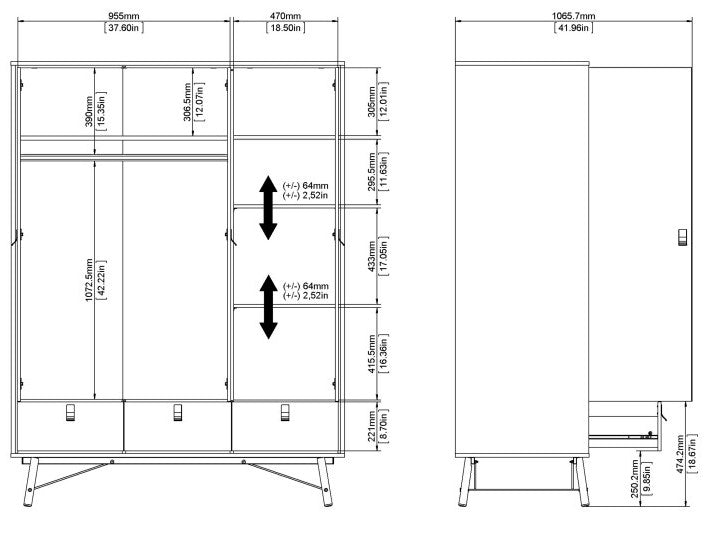 Ry Wardrobe 3 Door 3 Drawer in Jackson Hickory Oak