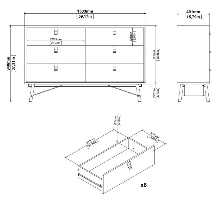 Ry Wide Double Chest of Drawer 6 Drawer in Jackson Hickory Oak