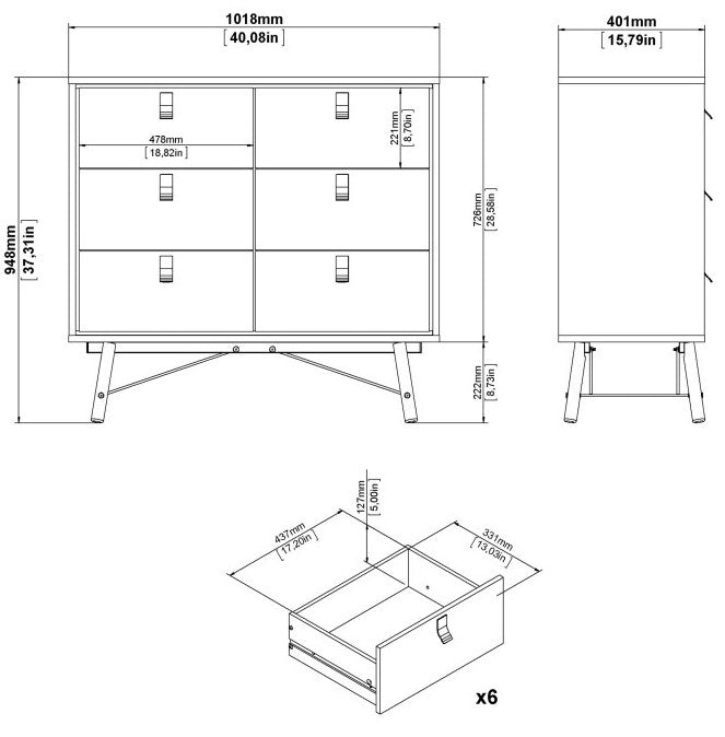 Ry Small Double Chest of Drawer 6 Drawer in Jackson Hickory Oak