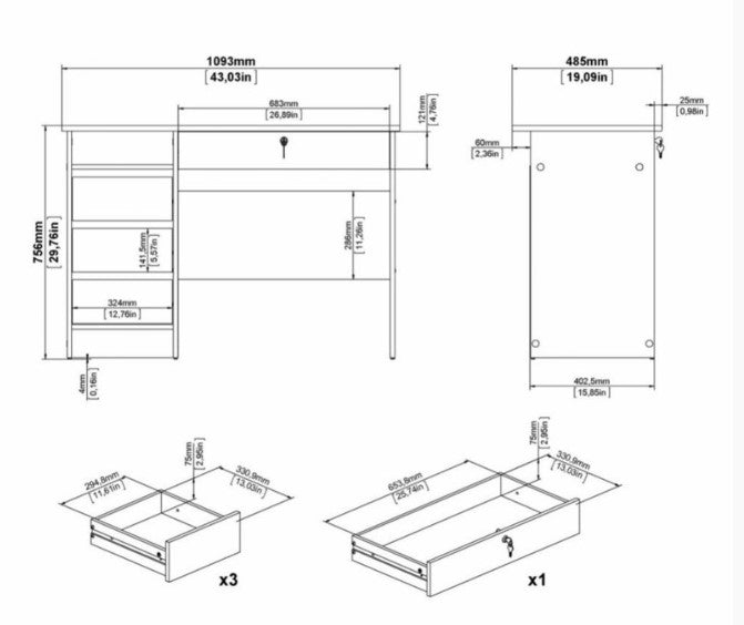 Function Plus Desk 3+1 Handle Free Drawer in Black