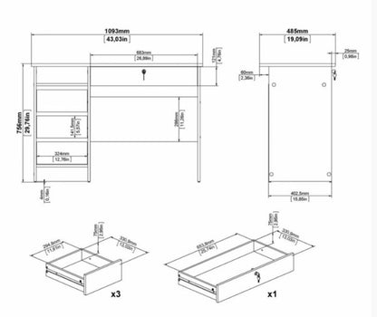 Function Plus Desk 3+1 Handle Free Drawer in Black