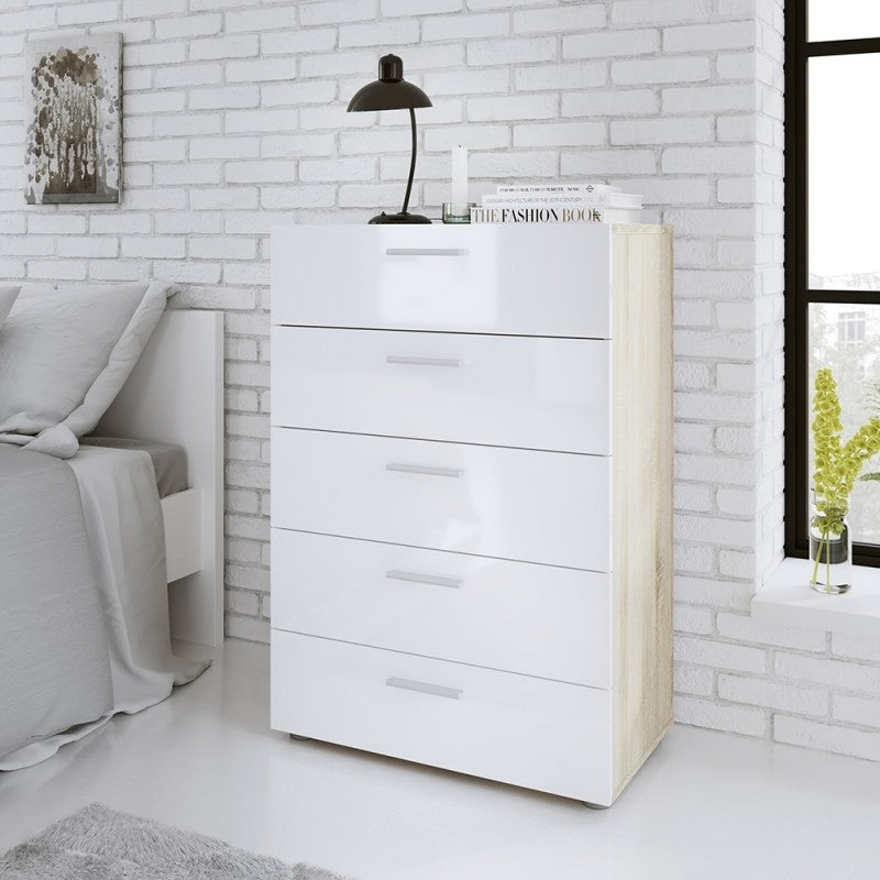 Pepe Chest of 5 Drawer in Oak with White High Gloss