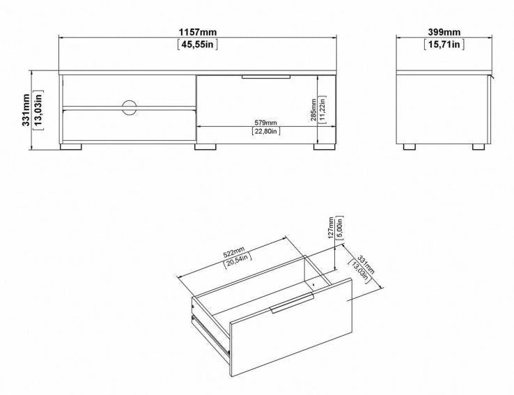 Match TV Unit 1 Drawer 2 Shelf in White High Gloss