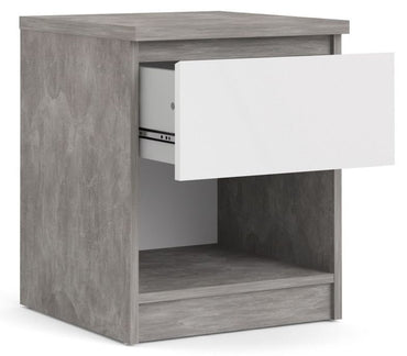 Naia Bedside 1 Drawer 1 Shelf in Concrete and White High Gloss